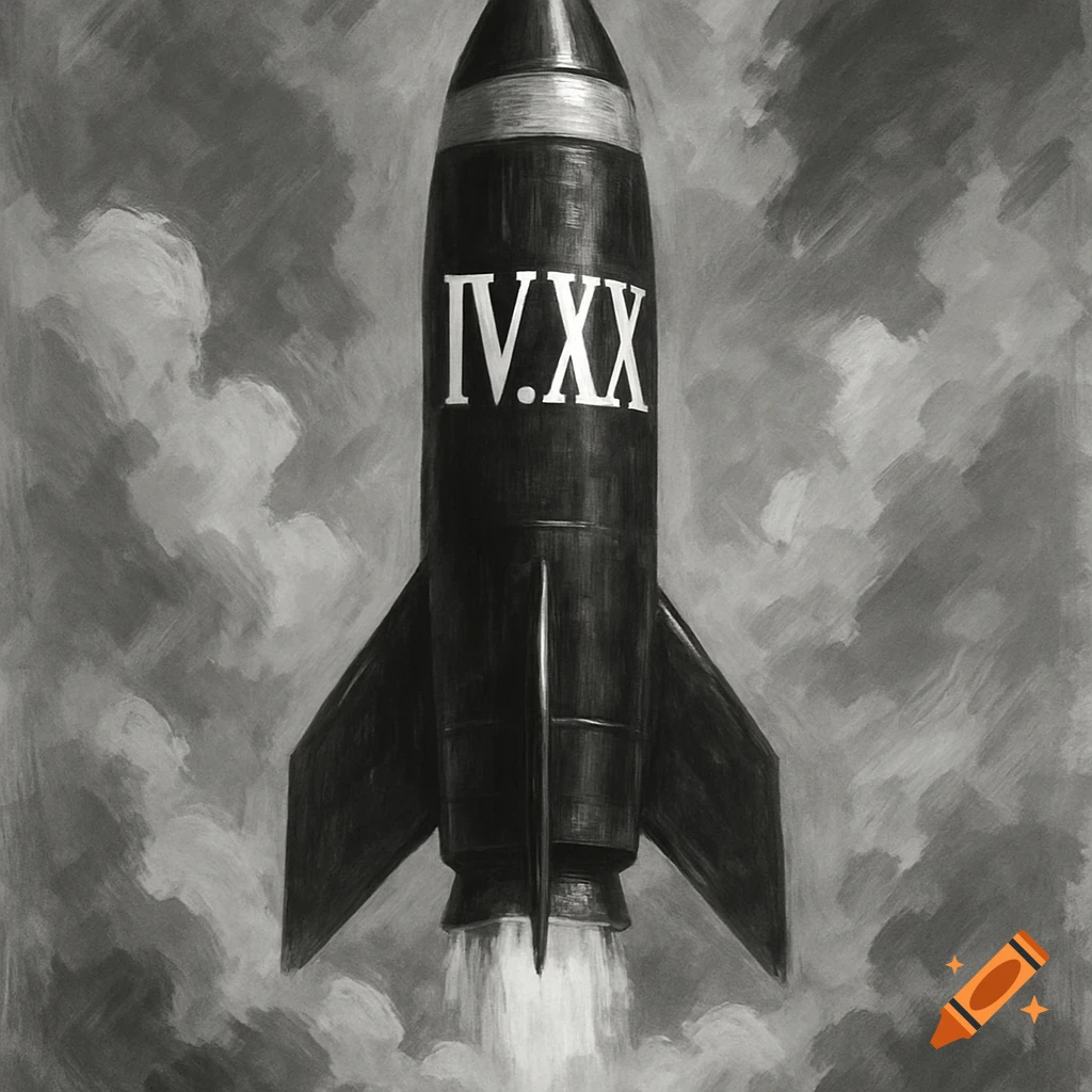Black and white image of a rocket launching with IV.XX on its side