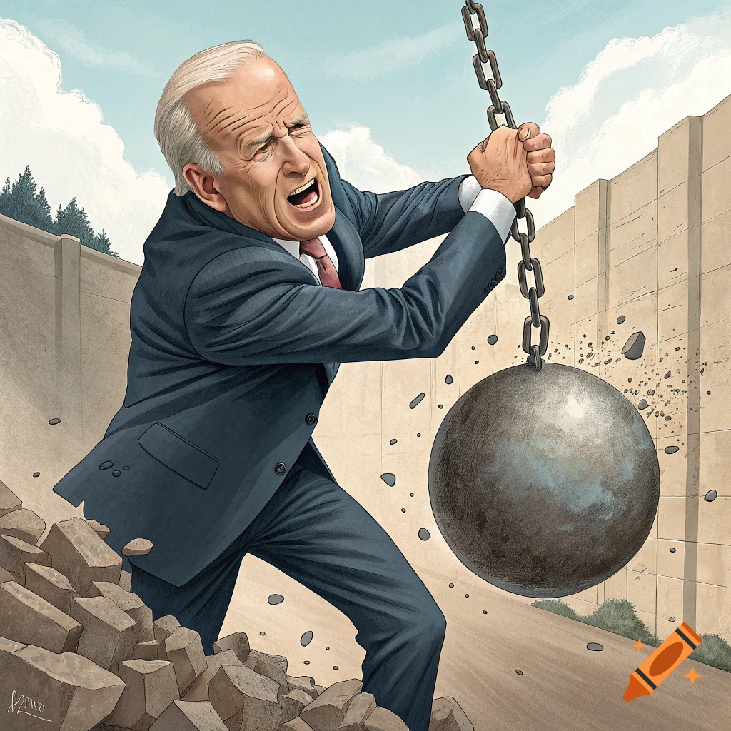 Illustration of Joe Biden swinging a wrecking ball at a wall