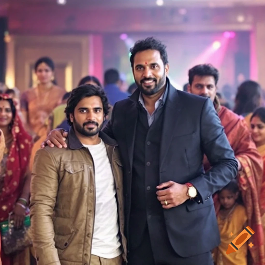 Two men pose together in front of a crowd at an event. on Craiyon