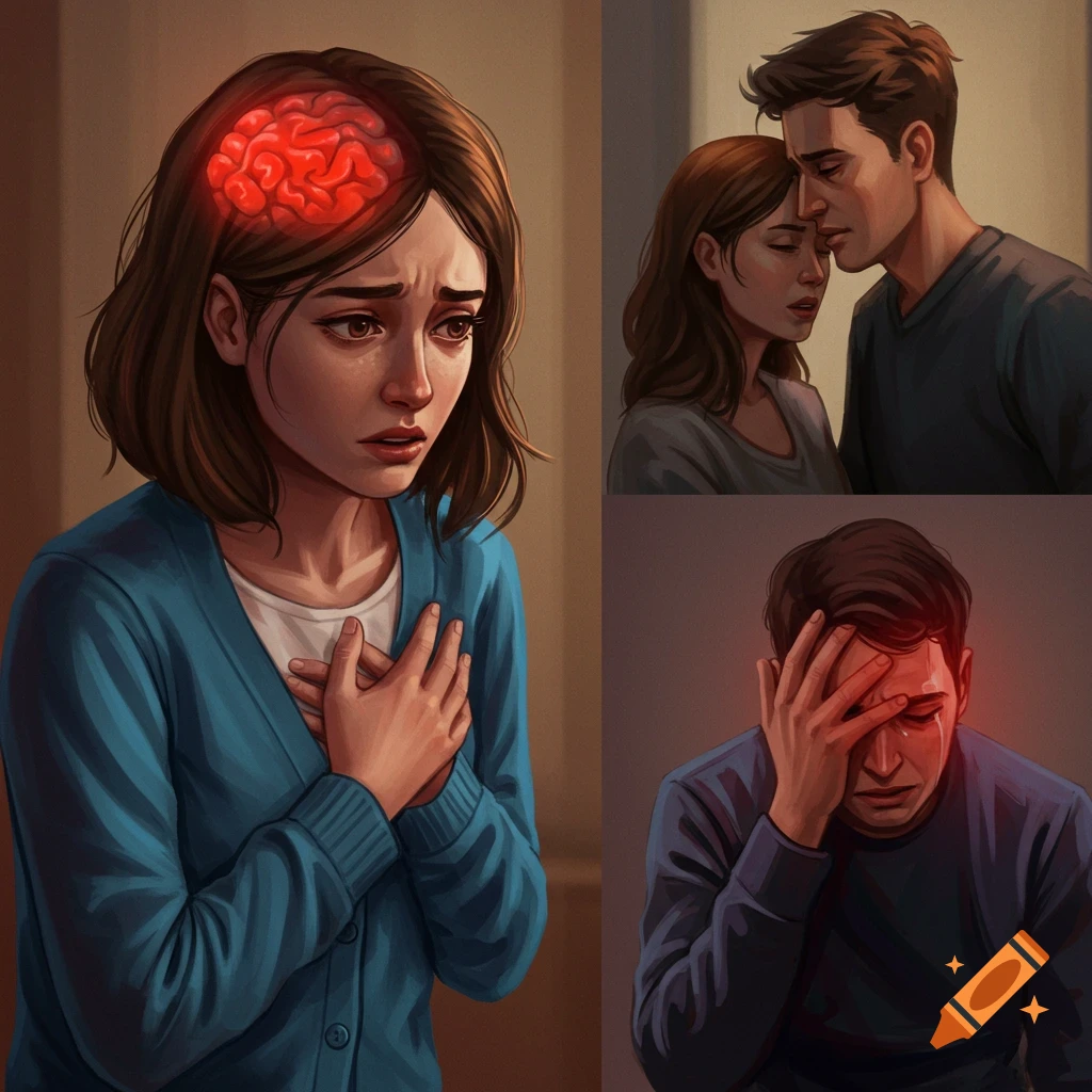 A collage depicts emotional distress: a woman with a glowing brain holds her chest, a couple looks sad, and a man covers his face in sorrow.