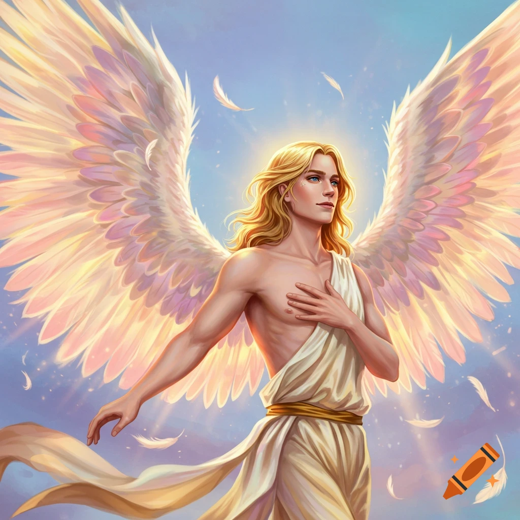 A young male angel with large wings and flowing white cloth, feathers falling.