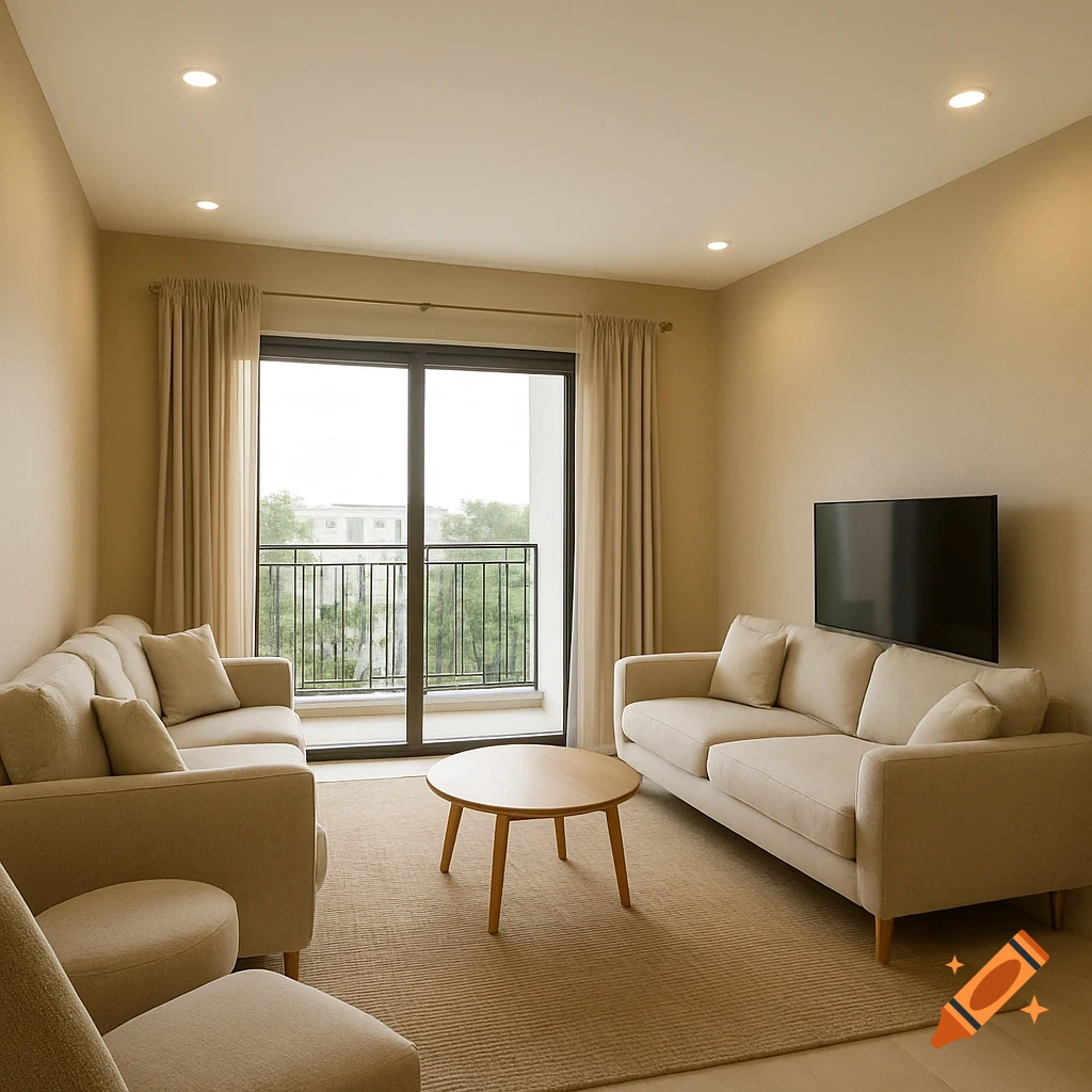 A beige living room with sofas, coffee table, TV, and balcony.