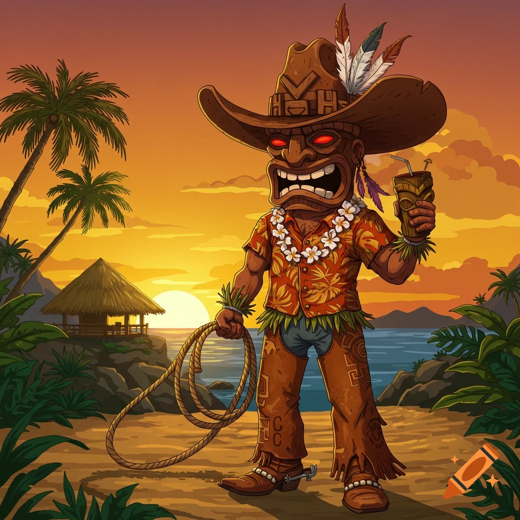 A tiki character dressed as a cowboy, holding a lasso and a drink on a tropical beach at sunset.