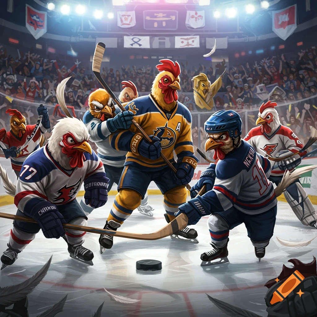 Anthropomorphic chickens play hockey in a stadium
