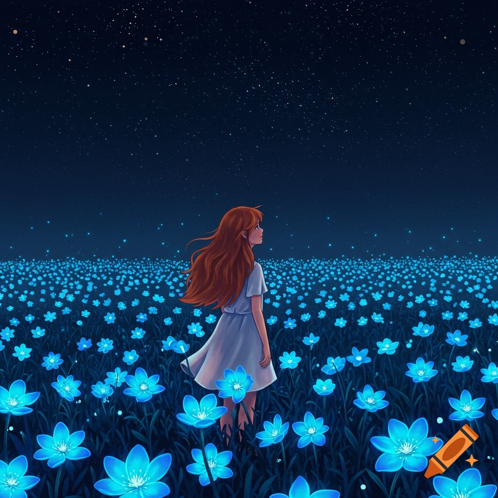 A girl stands in a field of blue glowing flowers under a starry sky.