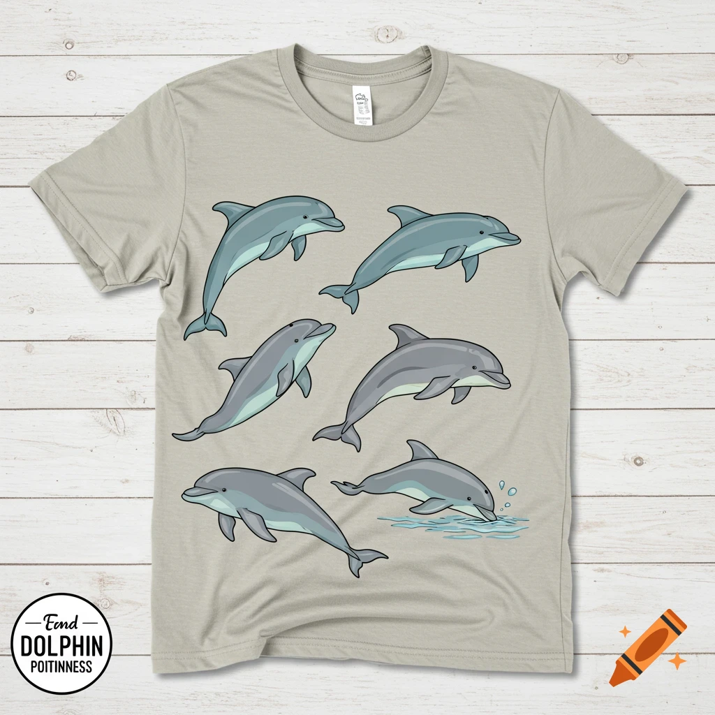 A hand-drawn illustration of multiple blue-gray dolphins on a beige t-shirt.
