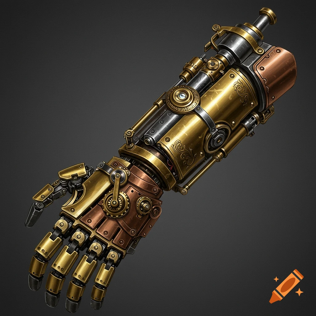 A detailed image of a steampunk arm prosthetic made of brass, copper, and steel.