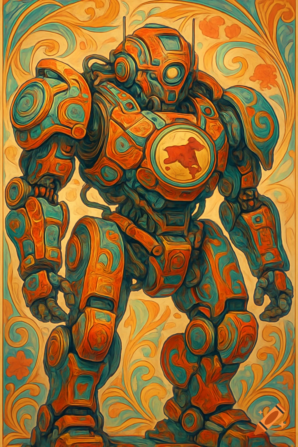 Giant orange and teal mecha robot in art nouveau style with a red dog symbol on its chest.