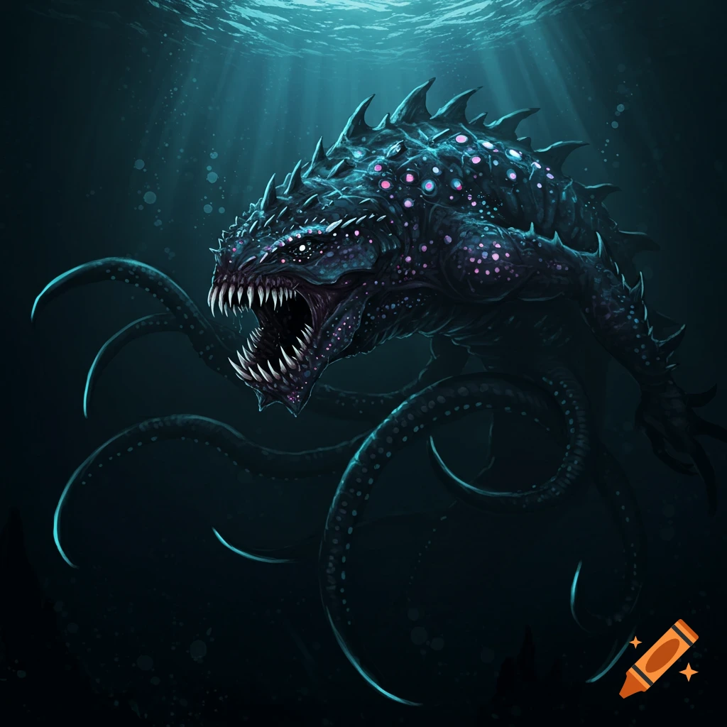 A spiky deep sea monster with glowing eyes and tentacles swimming in dark water.