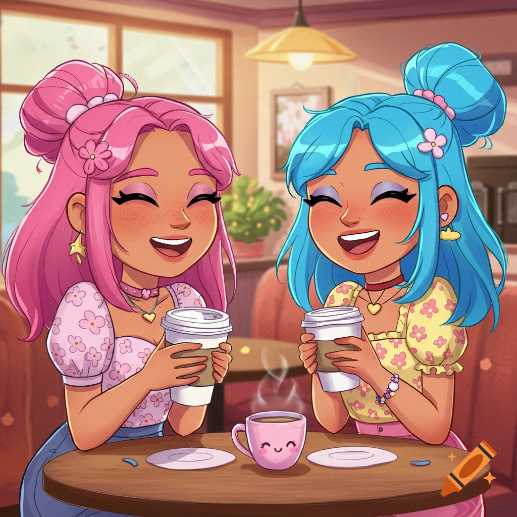 Two animated girls with pink and blue hair laugh while drinking coffee in a coffee shop.