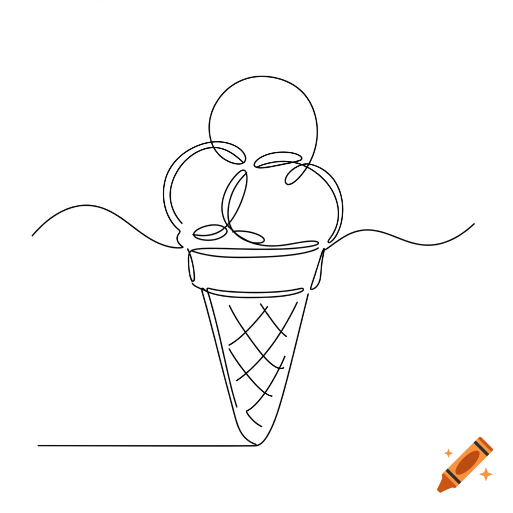 A simple, single continuous line drawing of an ice cream cone with three scoops.