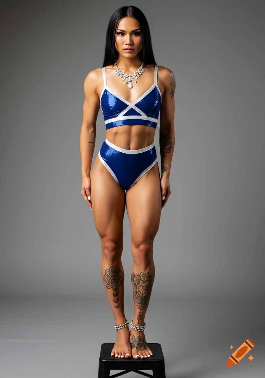 Southeast Asian model with muscular legs and arm tattoos wearing a blue sequin bikini and jewelry, posing in a studio.