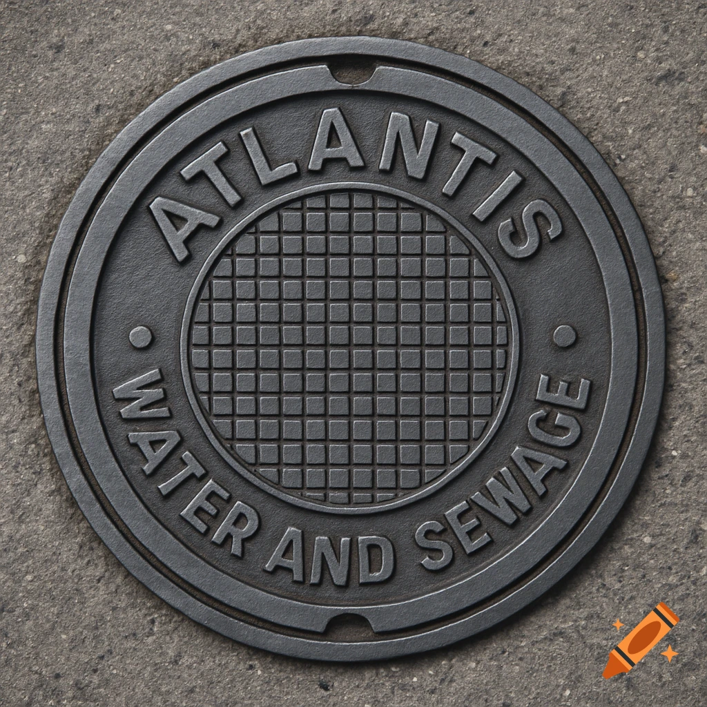 A dark grey metal manhole cover with raised text that reads "ATLANTIS WATER AND SEWAGE" on a concrete background.