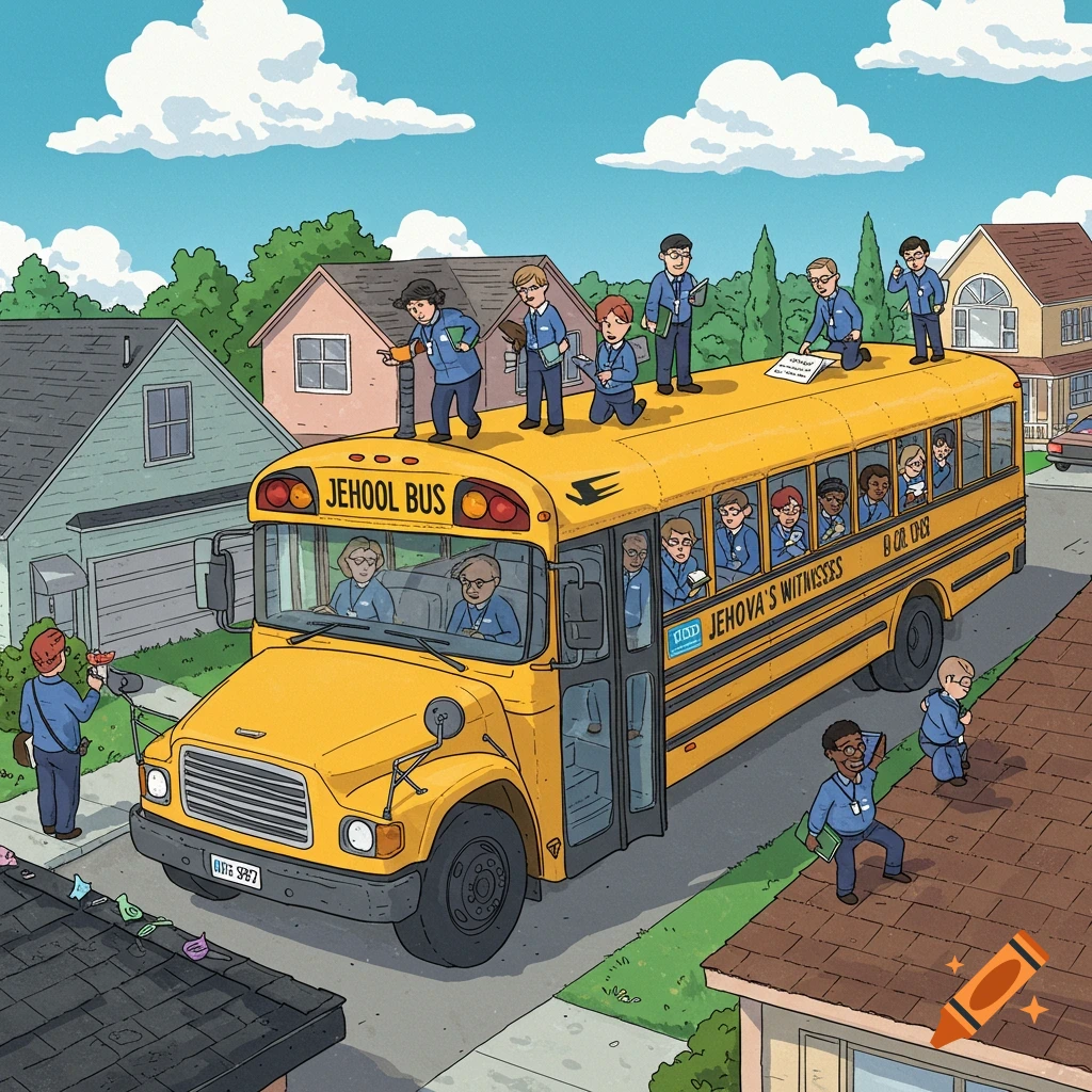 Cartoon illustration of people on and around a yellow school bus in a suburban street, with some on roofs.