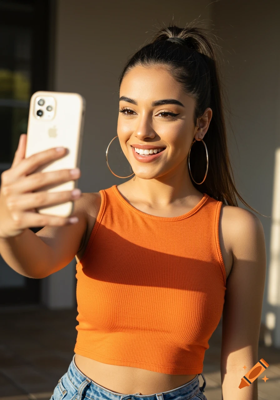 Woman in orange crop top taking a selfie with a phone.
