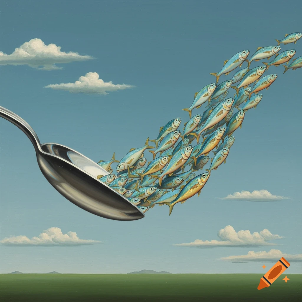 Surreal painting of a spoon in the sky releasing a stream of fish.