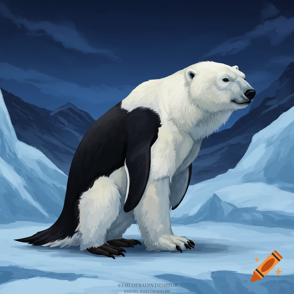 A penguin and polar bear hybrid standing in an icy landscape.