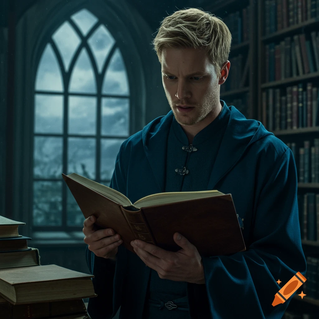 Blonde man in wizard robes reading a book in a library.