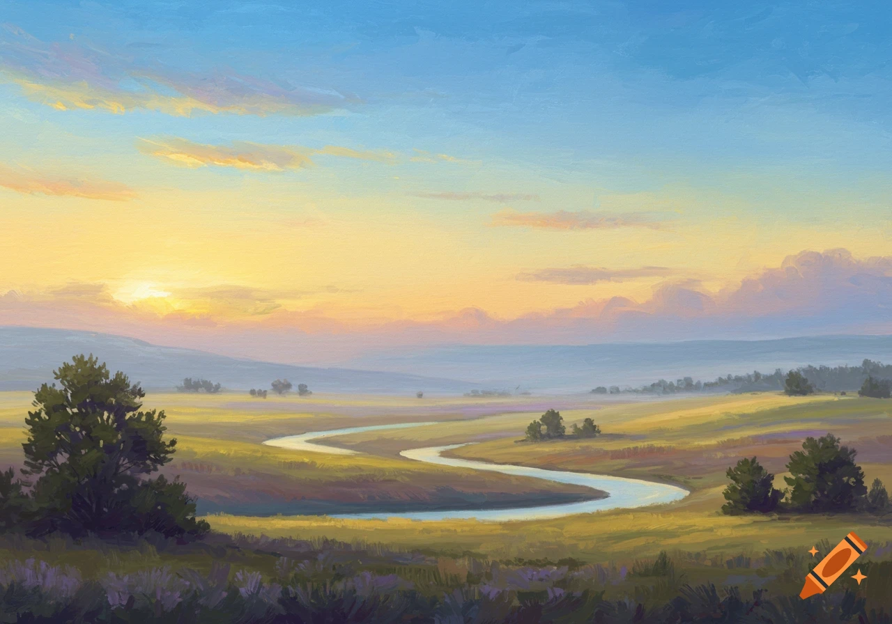 Impressionistic painting of a river winding through a field at sunset.