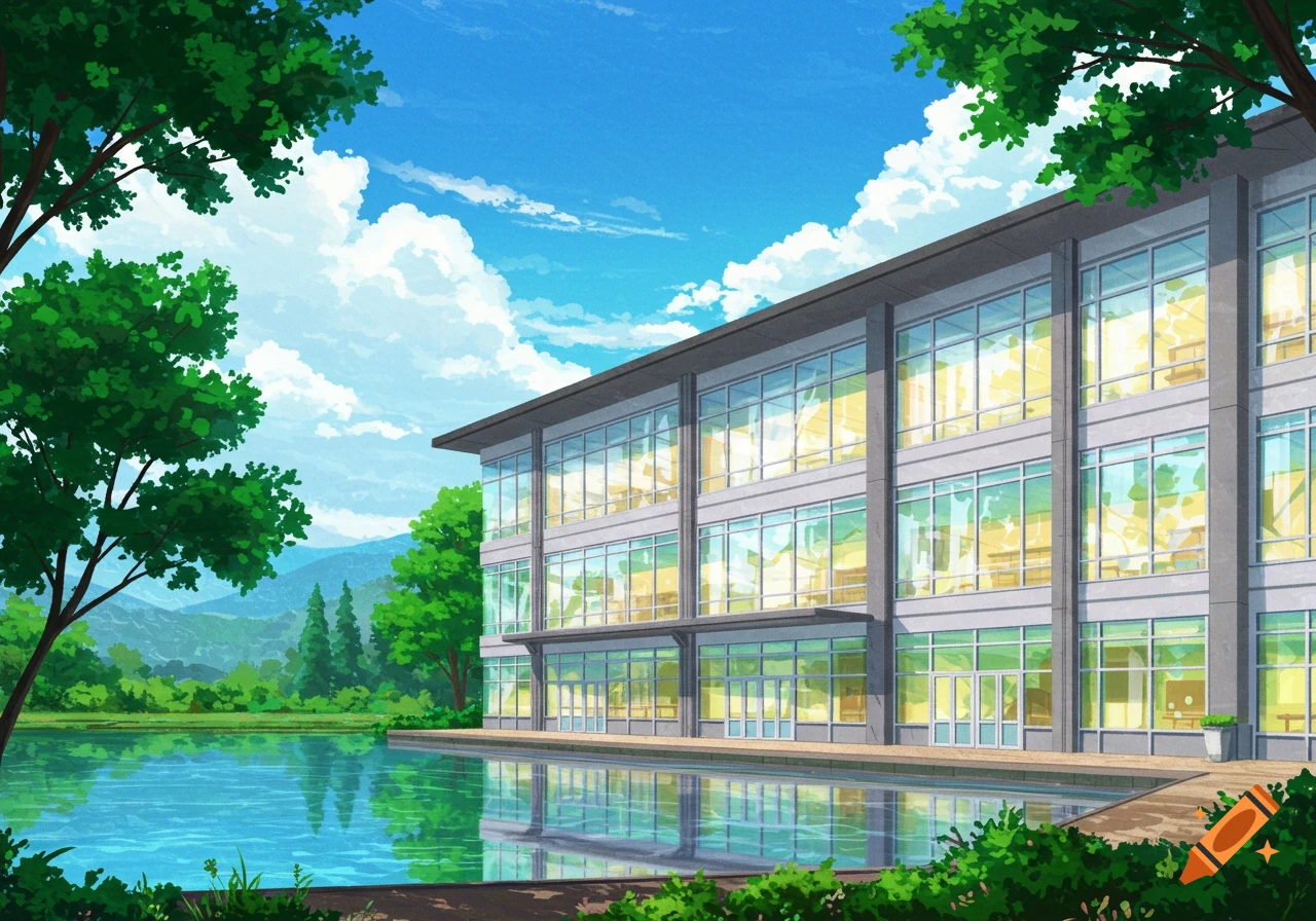 A large school building with many windows overlooks a lake, surrounded by trees and mountains under a blue sky.