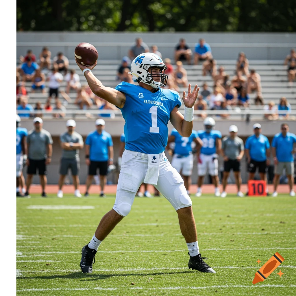 A football player in a blue jersey throws a football on a field.