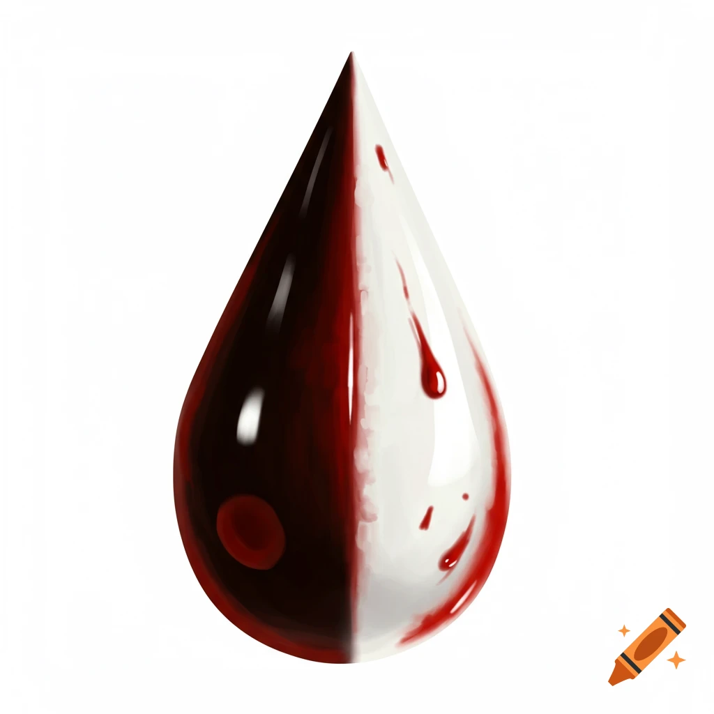 A blood drop split in half, dark red and transparent with splatters.