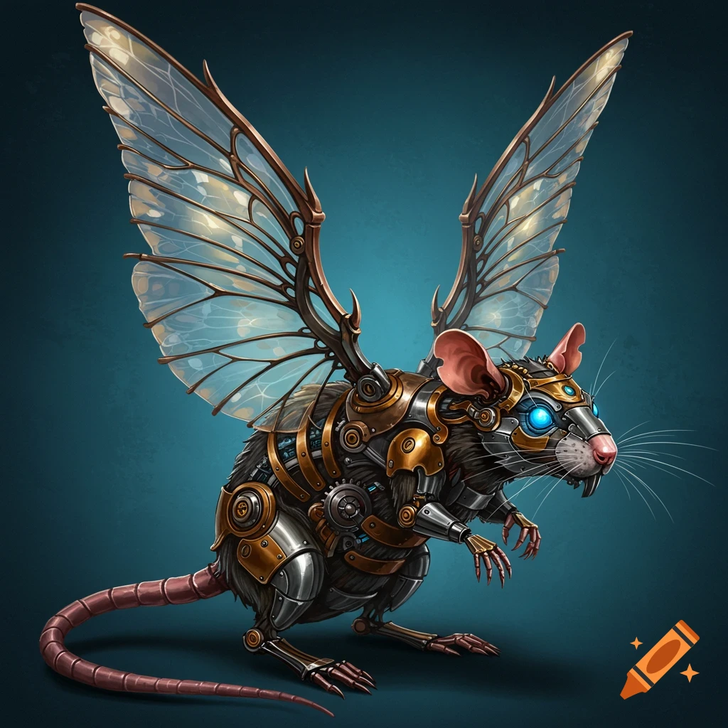 A mechanical rat with large insect wings.