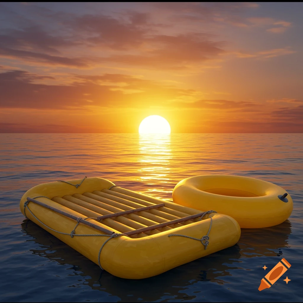 A yellow raft and a yellow float in the ocean at sunset.