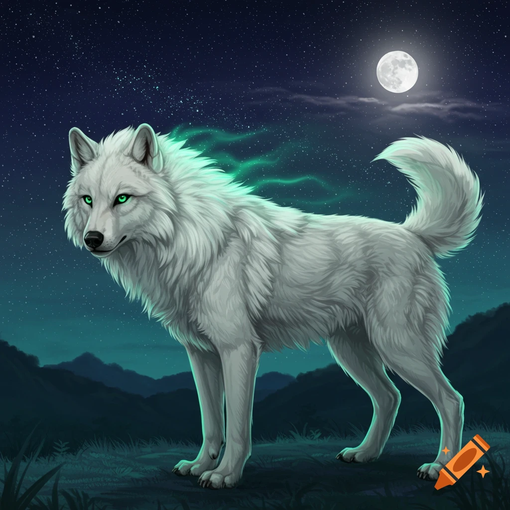 A white spirit wolf with green eyes stands at night under stars and a full moon.