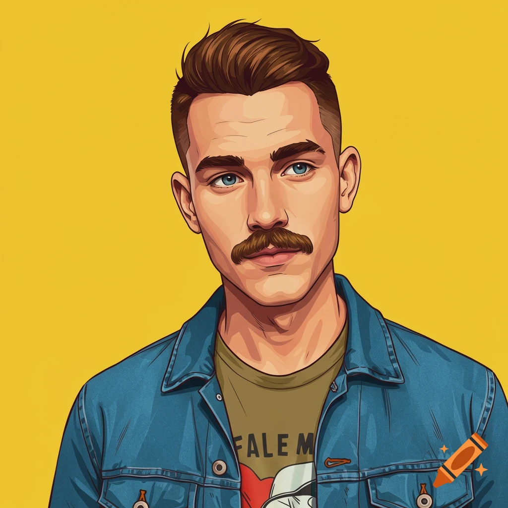 A man with a mustache and fade haircut is wearing a denim jacket against a yellow background.