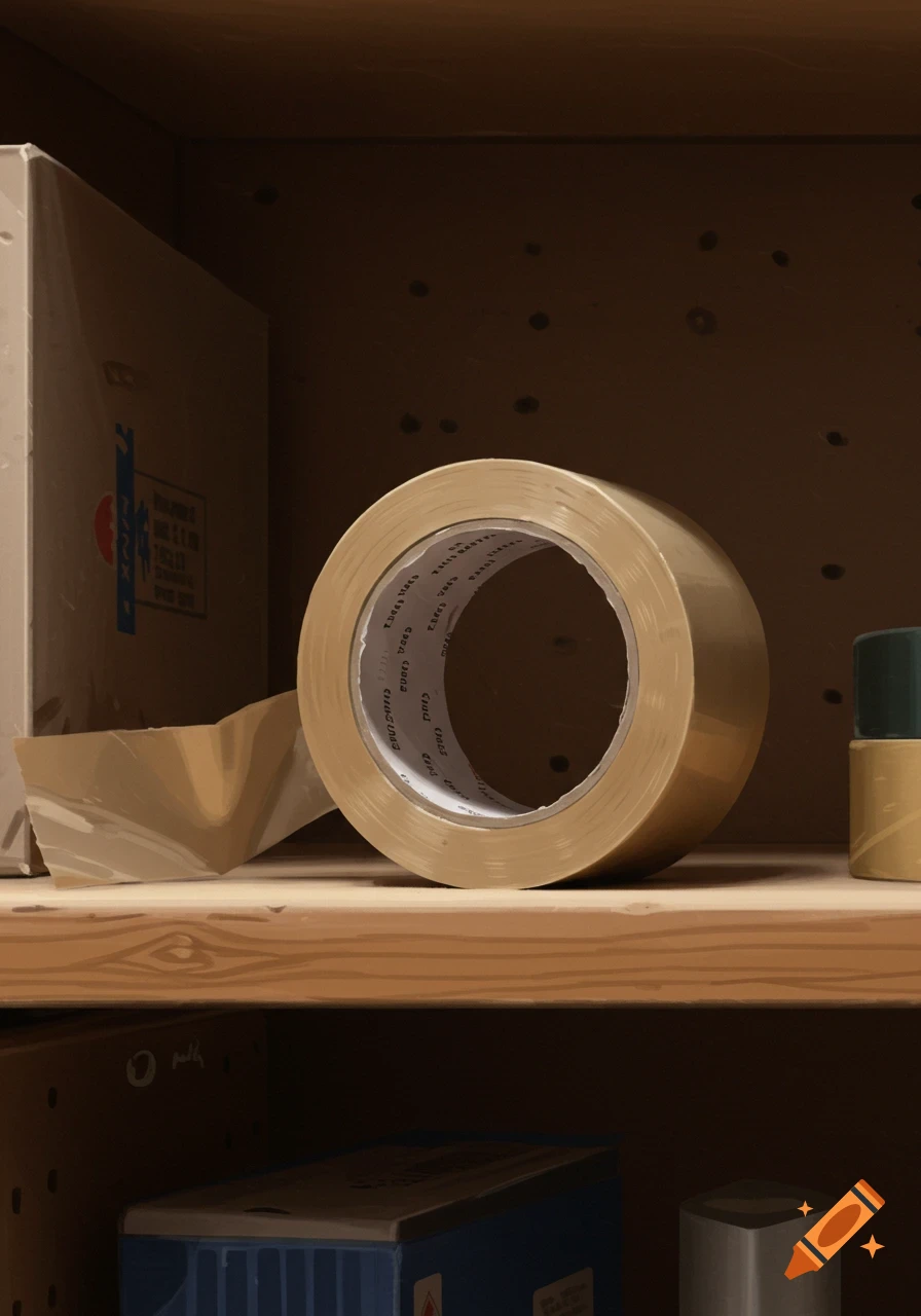 A roll of clear tape on a wooden shelf with boxes.