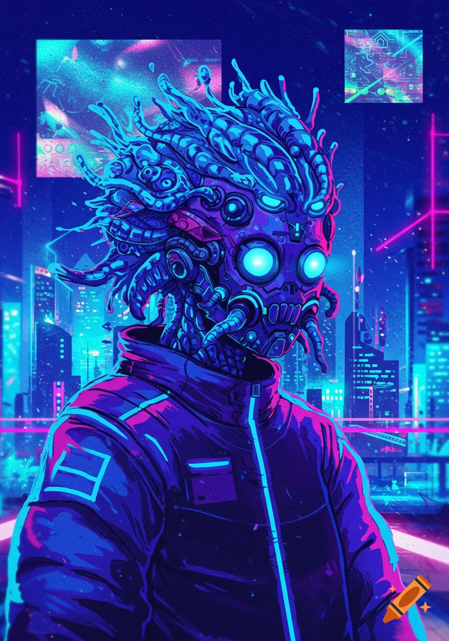 A person with a blue cyborg or alien head wearing a jacket in a neon cyberpunk city.