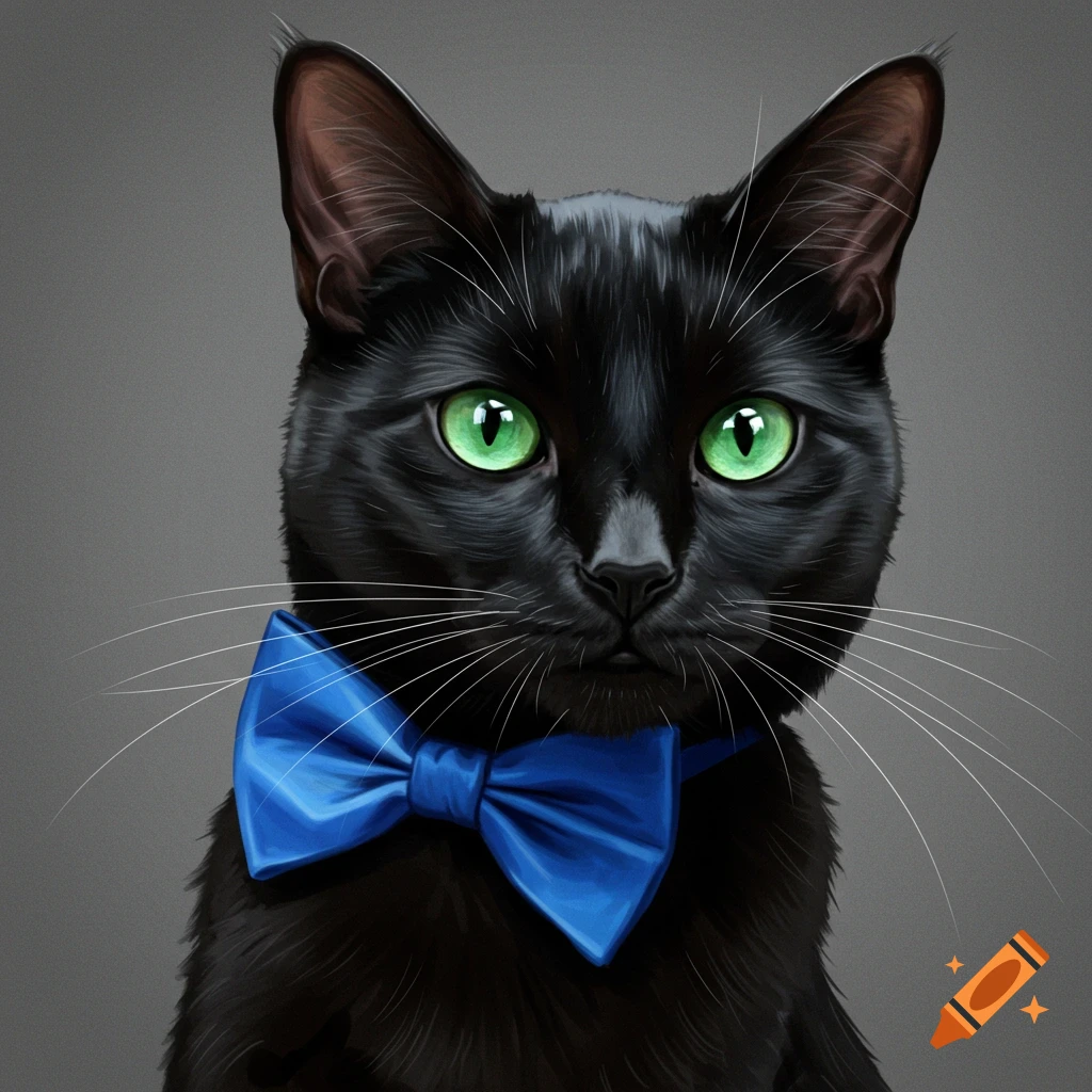A black cat wearing a blue bowtie.