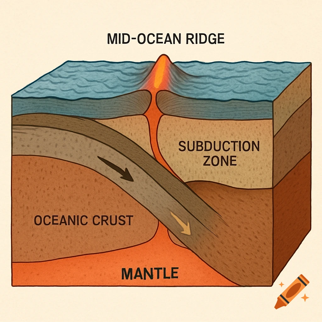 Illustration of a geological cross-section showing a mid-ocean ridge and a subduction zone.
