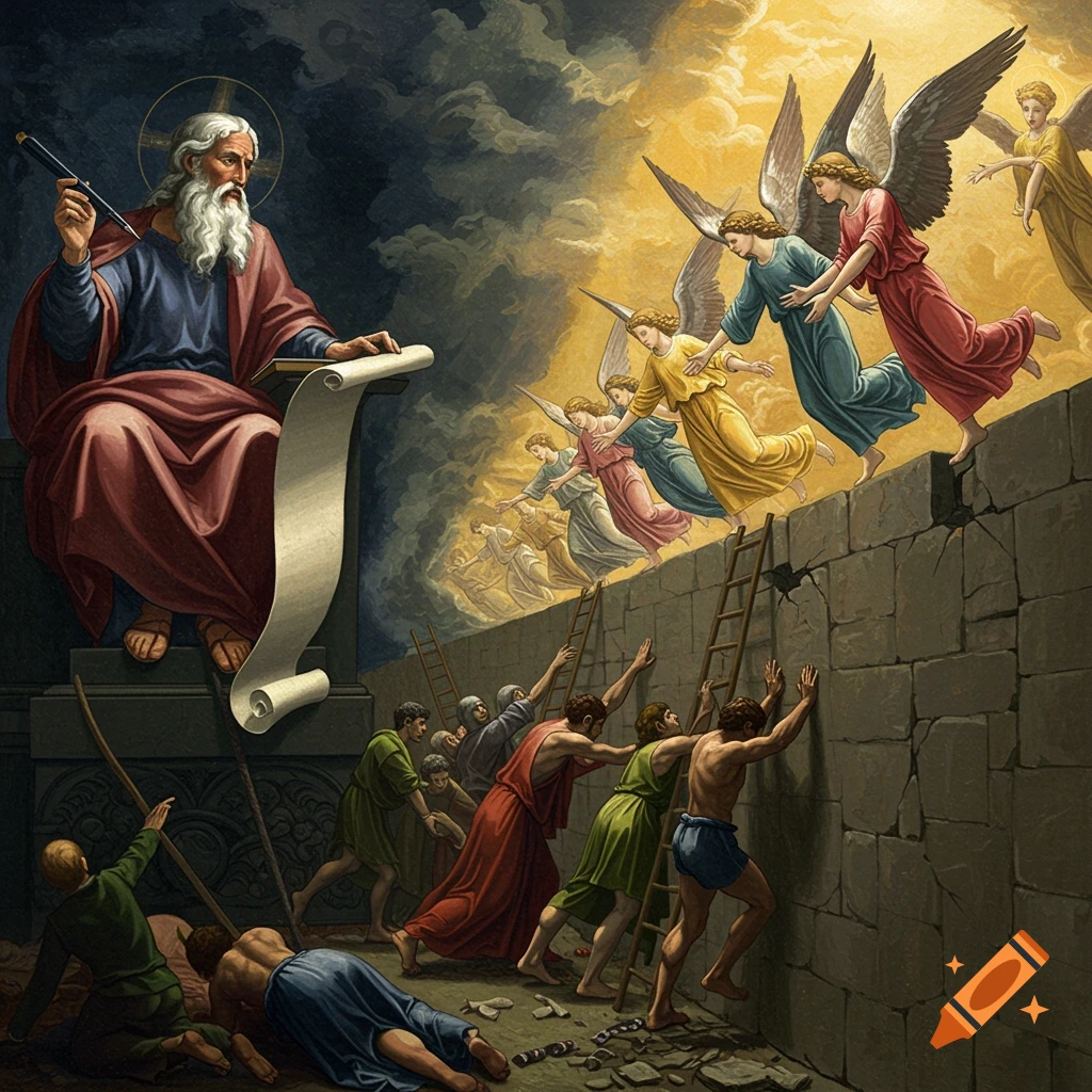 A seated figure writes on a scroll as angels reach down to humans struggling to climb a wall.