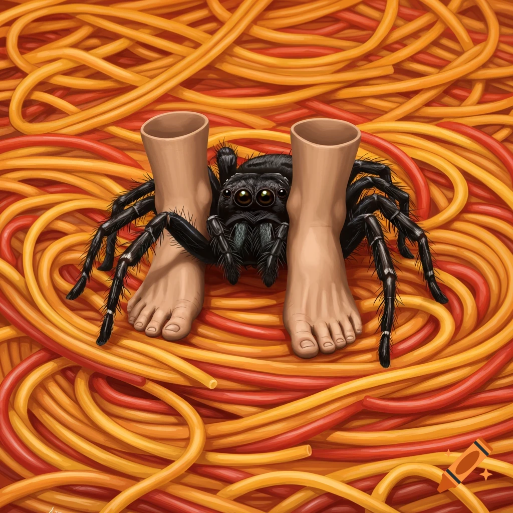 A spider wearing human feet in spaghetti