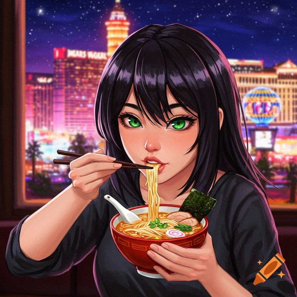 Anime girl eating ramen with a Las Vegas skyline in the background.