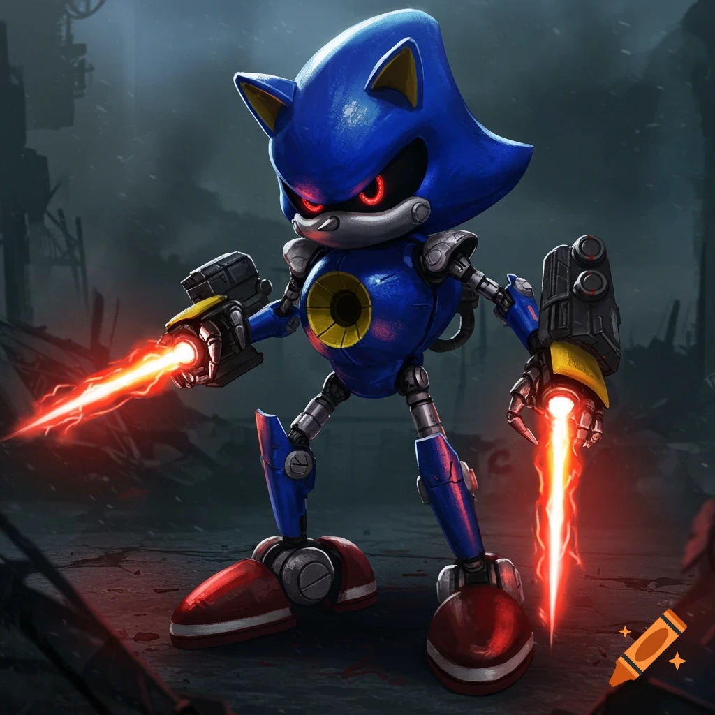 Metal Sonic is holding energy blades in a dark, gritty setting.