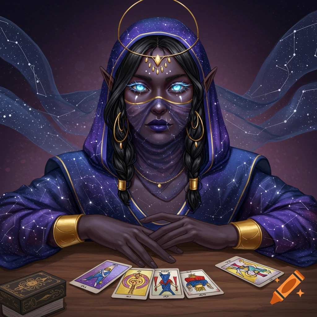 A female fantasy character with blue eyes, starry robes, and a veil looks at tarot cards.