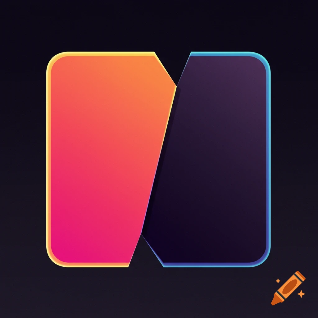 Abstract geometric shape with orange to pink gradient on the left and purple with blue highlight on the right, on a dark background.