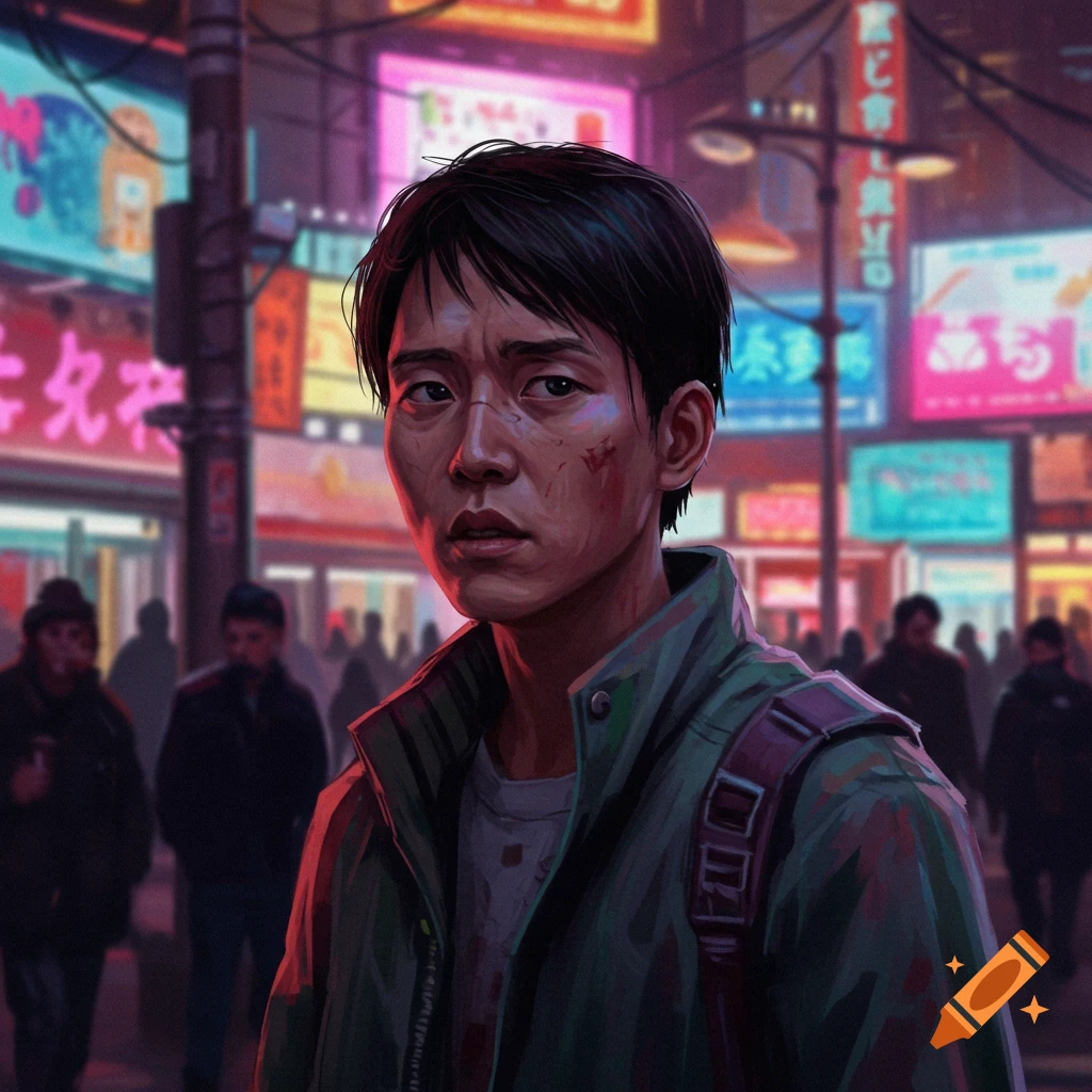 A young man with facial injuries stands in a neon-lit city street.