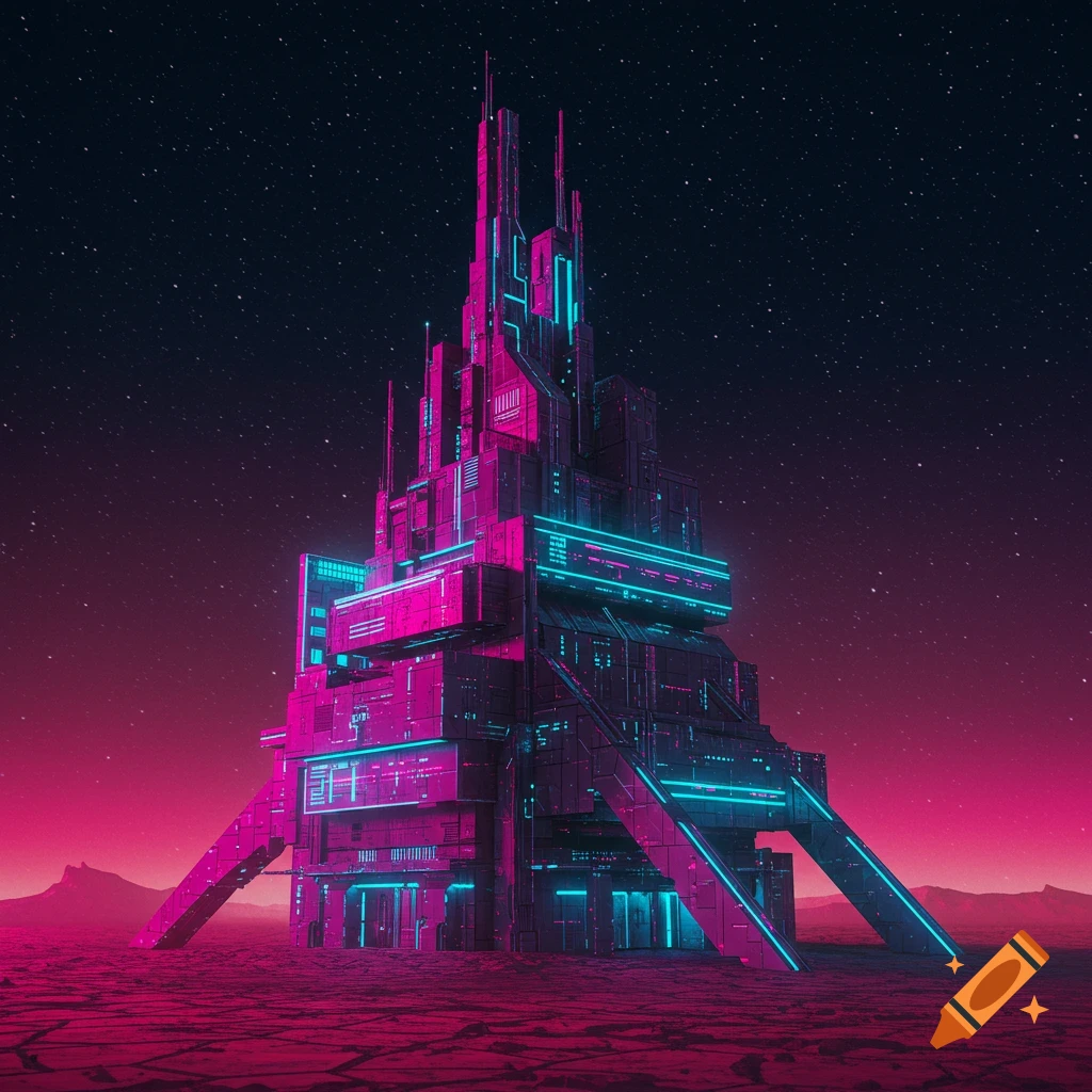 A futuristic building with pink and cyan neon lights under a starry sky.