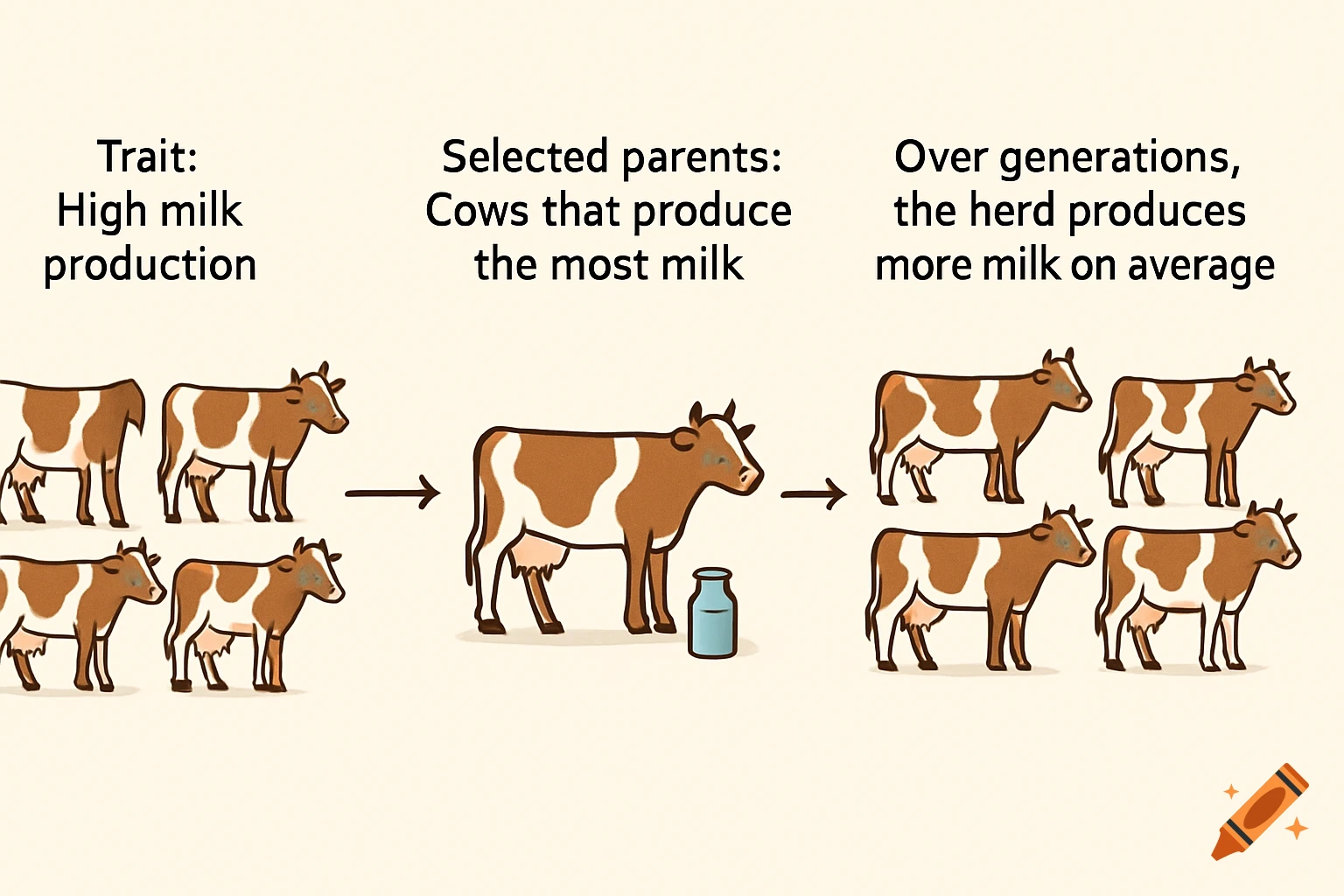 Diagram showing cows selected for high milk production leading to higher production over generations.