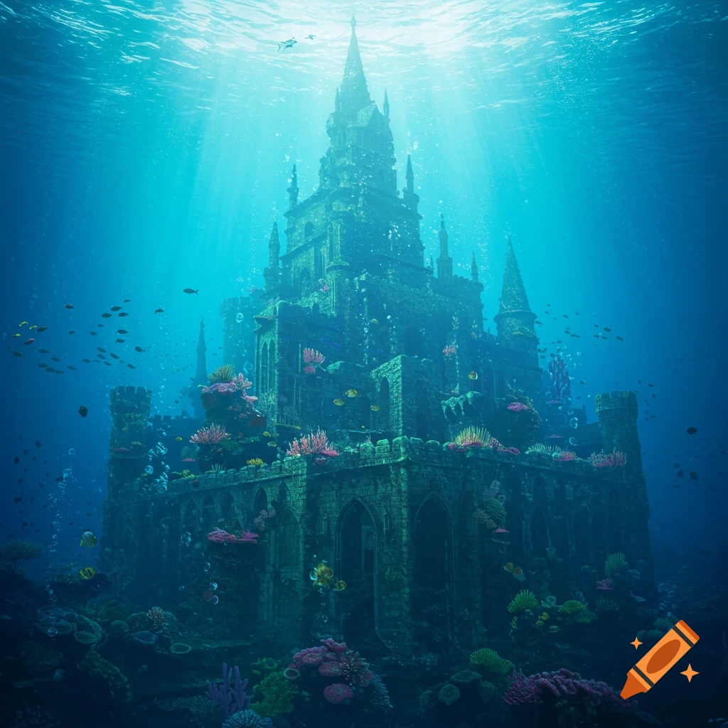 A large, elaborate underwater castle in blue water, surrounded by coral and fish, with light rays from the surface.