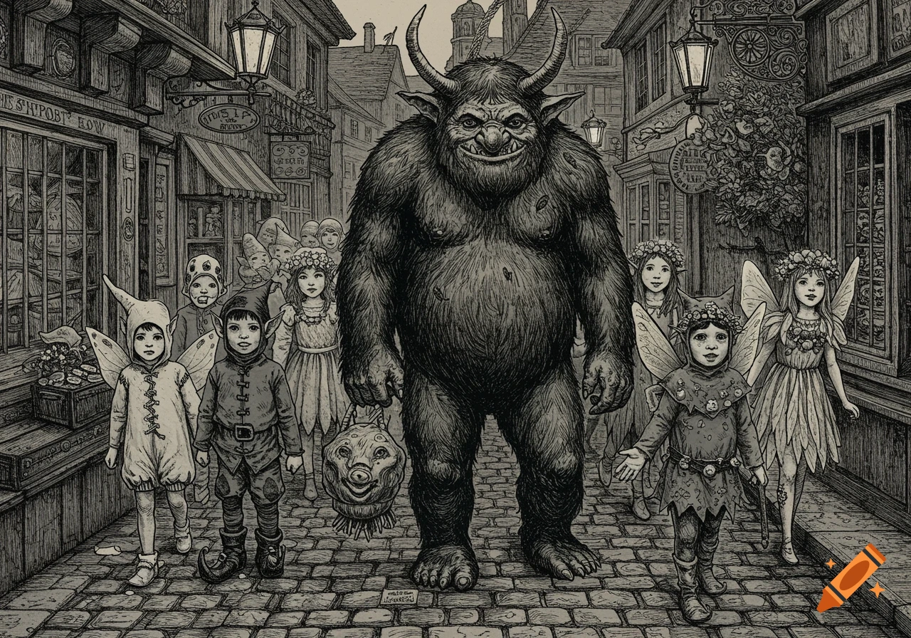 Black and white engraving of a large furry troll holding a pig head, walking down a street with children in elf and fairy costumes.