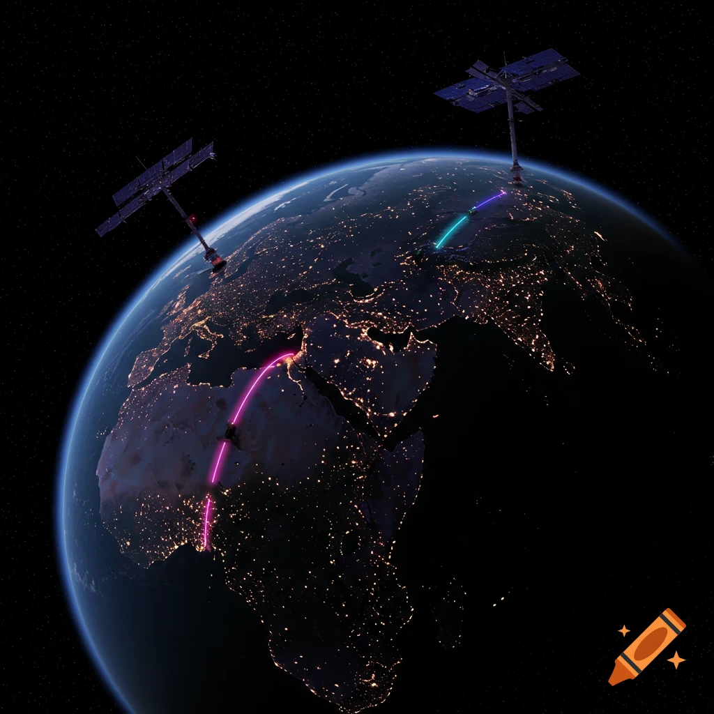 Futuristic view of Earth from space with glowing lines connecting structures to the planet's surface.
