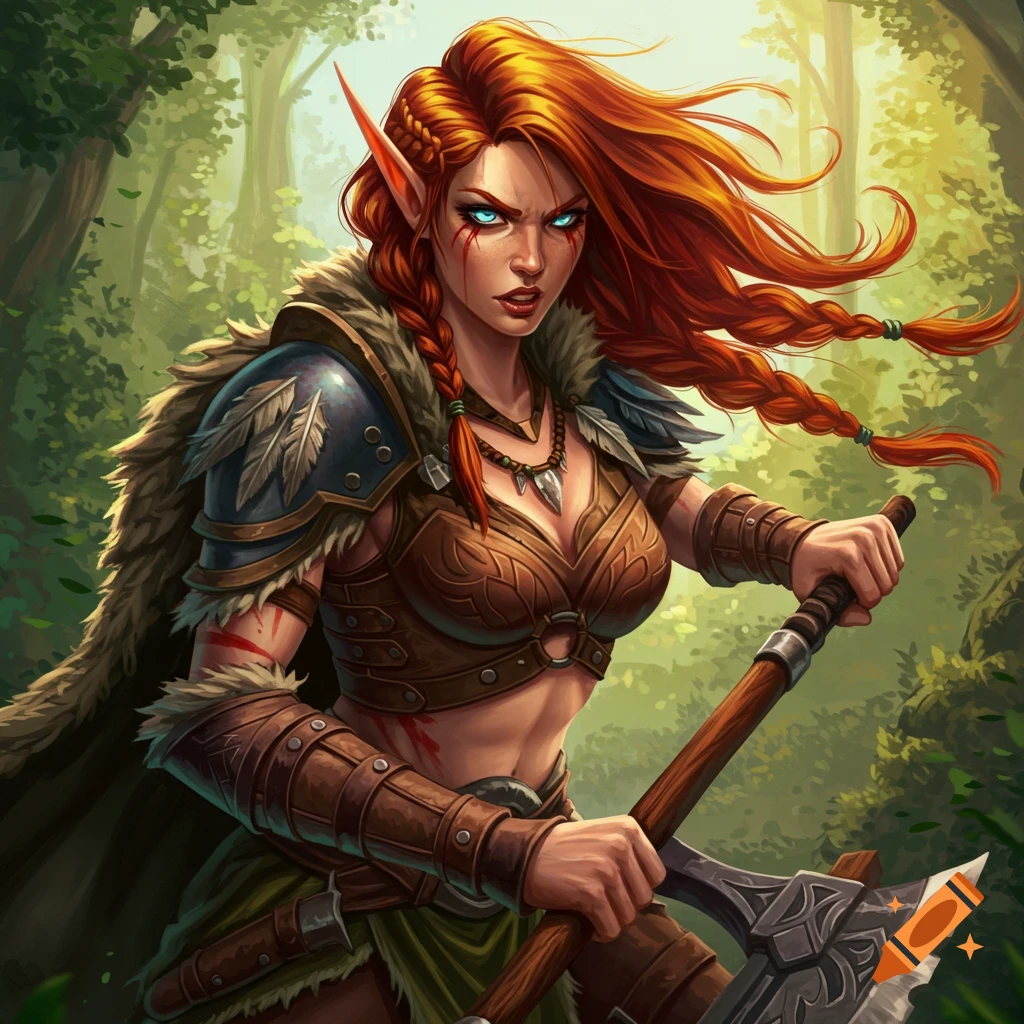 An elf barbarian with red hair and blue eyes holding an axe in a forest.