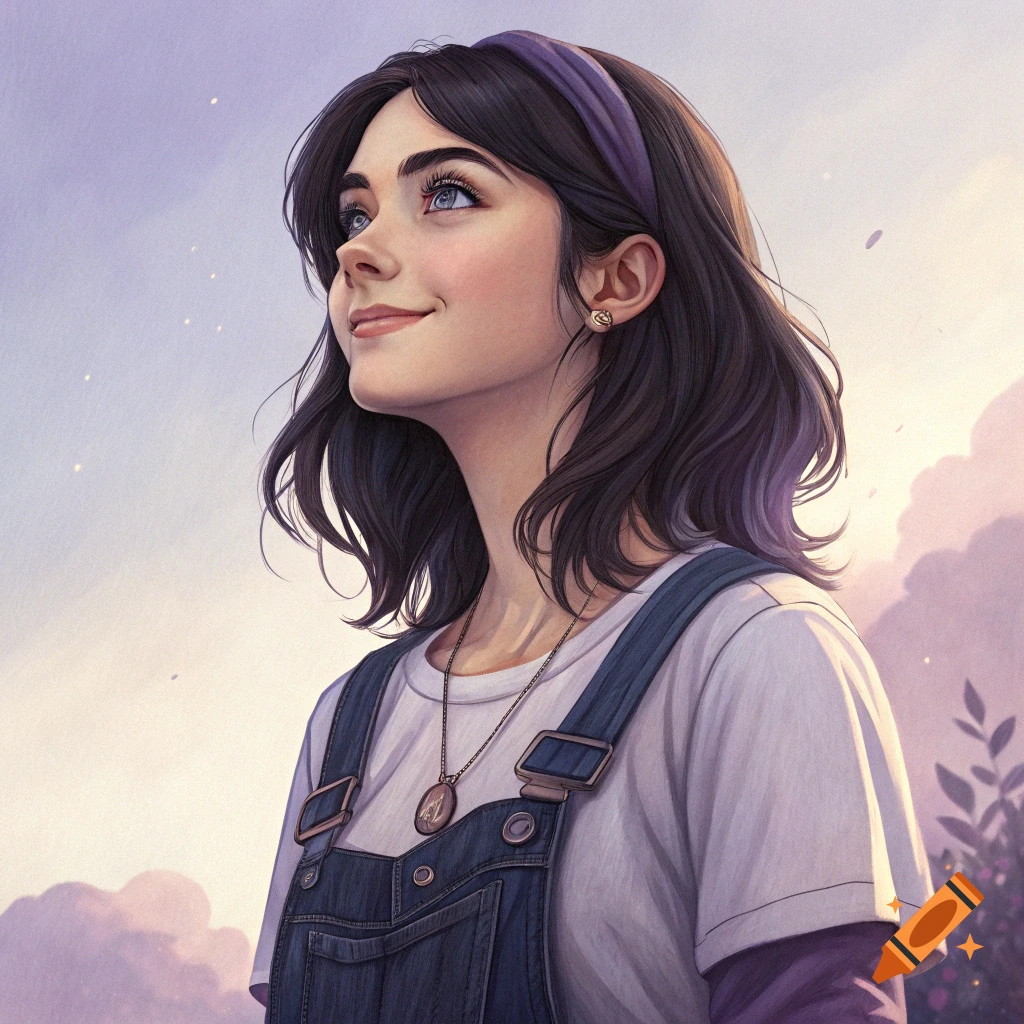 Digital art portrait of a young woman in overalls looking up at the sky.