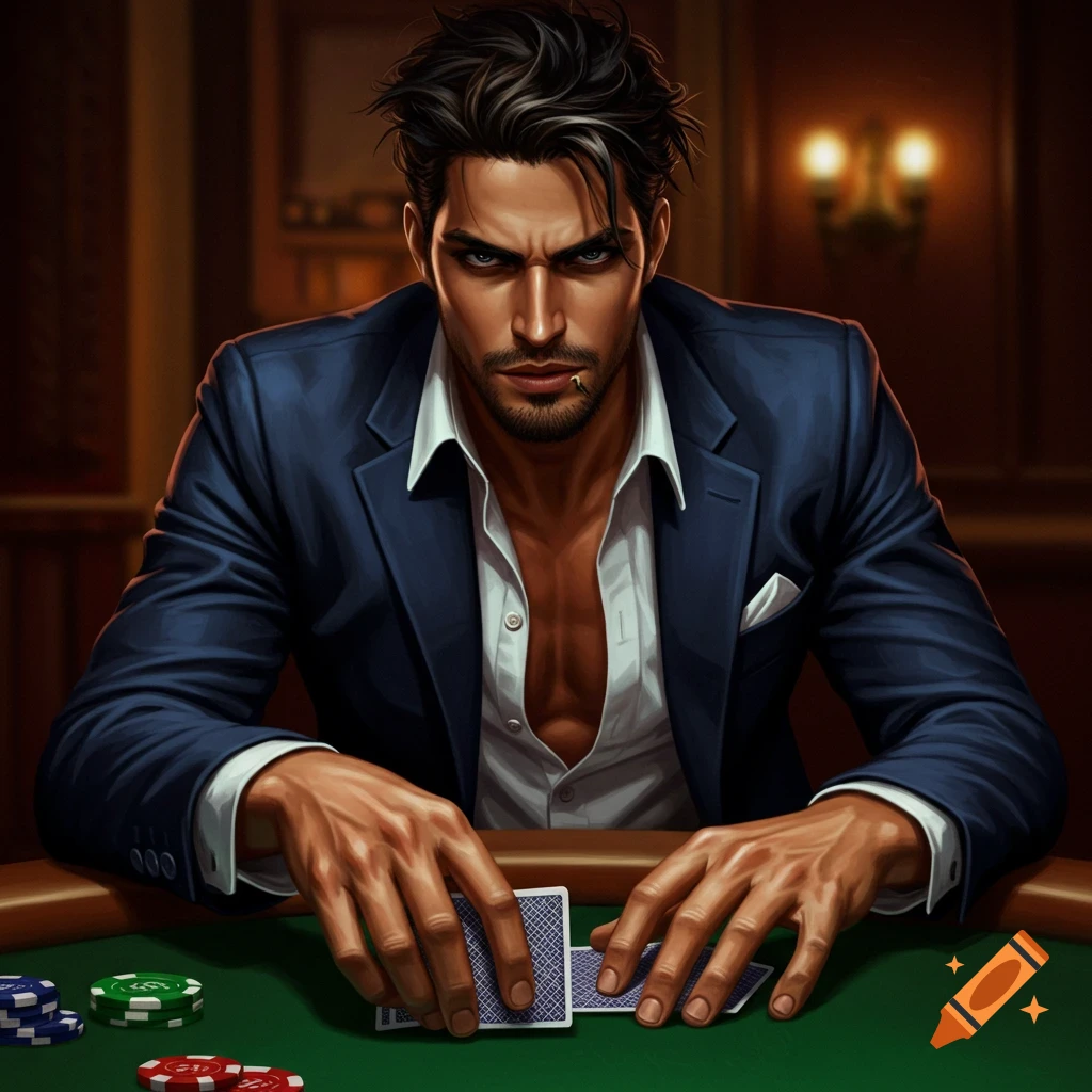 A man with an open shirt is playing poker at a table with chips.
