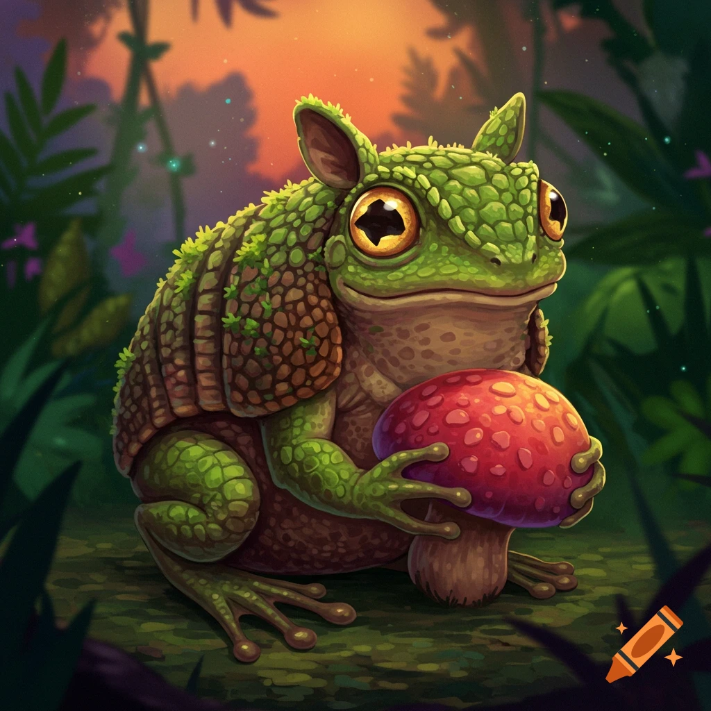 A green frog-like creature with armadillo armor is holding a red mushroom in a forest.
